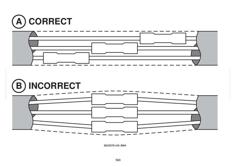May include: Diagram illustrating correct and incorrect methods. The top section, labeled "CORRECT," shows parallel lines with rectangular connectors. The bottom section, labeled "INCORRECT," shows diverging lines. Text at the bottom reads "RG20576-UN: RWA" and "563."