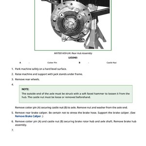 May include: Diagram of a rear hub assembly with instructions for removal. The image includes a detailed view of the hub, labeled with letters and terms like "Cotter Pin" and "Castle Nut." Text provides step-by-step instructions for disassembly.