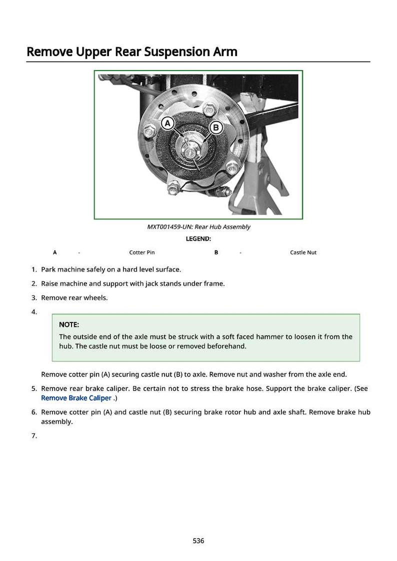 May include: Diagram of a rear hub assembly with instructions for removal. The image includes a detailed view of the hub, labeled with letters and terms like "Cotter Pin" and "Castle Nut." Text provides step-by-step instructions for disassembly.