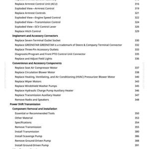 May include: A detailed table of contents from a manual, listing various repair and maintenance procedures for a vehicle. The text includes sections on armrest control, convenience components, and power shift transmission, with page numbers.