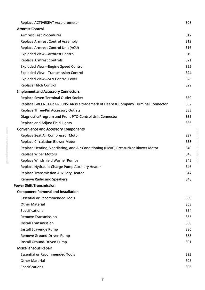 May include: A detailed table of contents from a manual, listing various repair and maintenance procedures for a vehicle. The text includes sections on armrest control, convenience components, and power shift transmission, with page numbers.