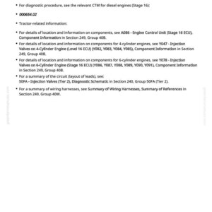 May include: A white page with black text detailing ECU diagnostic information. The text includes the part number 000654.02, and information on injector 4, and tractor-related information. The page also lists component details.