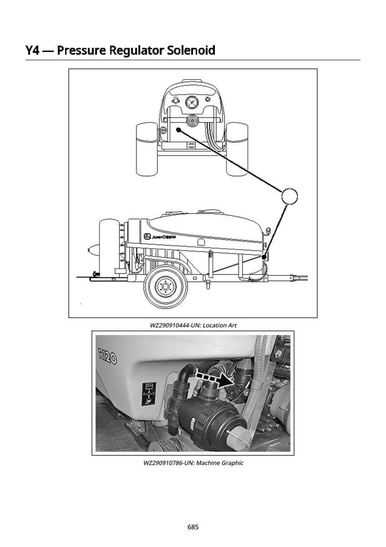 May include: Diagram of a pressure regulator solenoid, labeled "Y4". The image includes a schematic of the solenoid and a machine graphic. The text "R120" is visible. The image is in black and white.