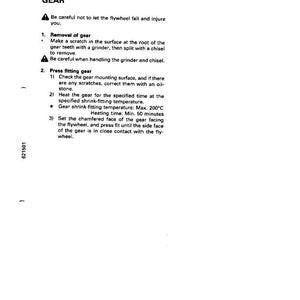 May include: A page from a repair manual detailing the process of replacing a flywheel ring gear. The text includes instructions on removing and pressing the gear, with safety warnings. The document is in black and white.