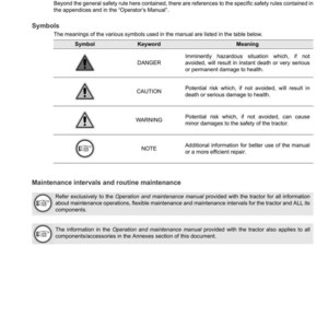 Puede incluir: Una p&aacute;gina del manual de mantenimiento de tractores, con el logotipo de Argo Tractors y el t&iacute;tulo de la secci&oacute;n. El manual incluye s&iacute;mbolos de seguridad con palabras clave como "PELIGRO" y "PRECAUCI&Oacute;N", y detalles sobre los intervalos de mantenimiento.