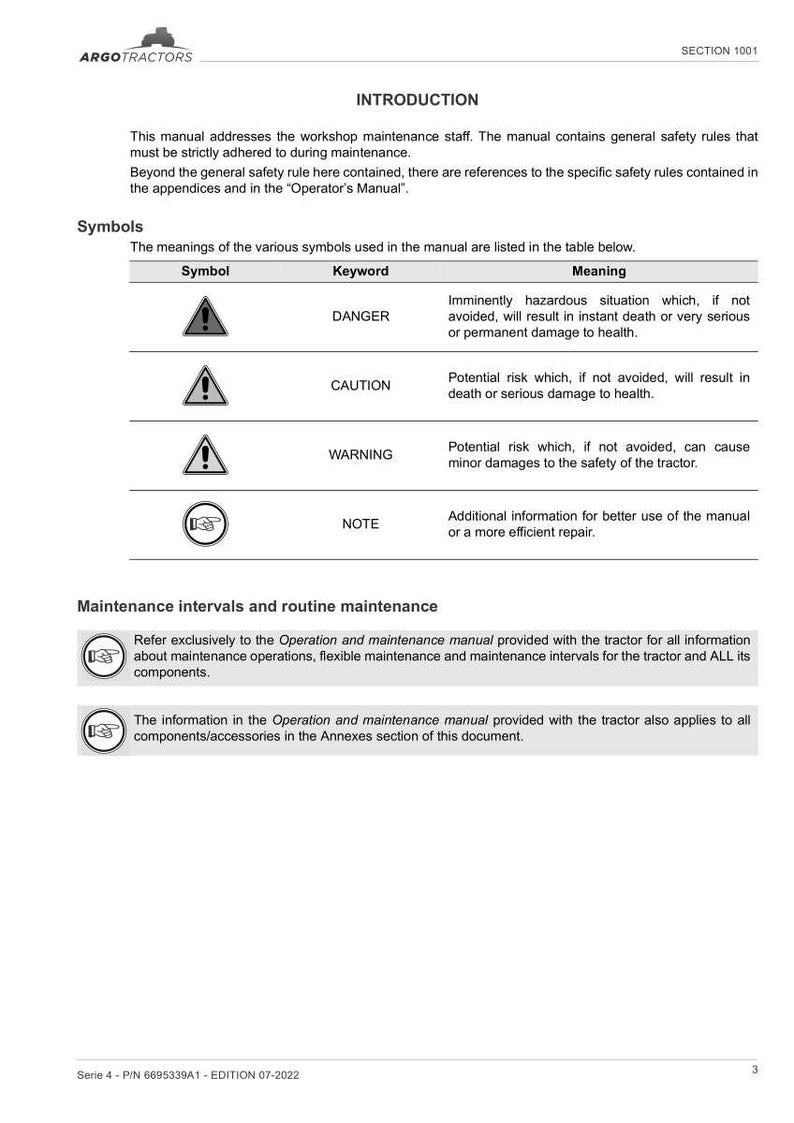 Puede incluir: Una p&aacute;gina del manual de mantenimiento de tractores, con el logotipo de Argo Tractors y el t&iacute;tulo de la secci&oacute;n. El manual incluye s&iacute;mbolos de seguridad con palabras clave como "PELIGRO" y "PRECAUCI&Oacute;N", y detalles sobre los intervalos de mantenimiento.