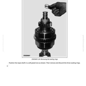 May include: Black and white image of a mechanical component being disassembled. The text "Disassemble Input Shaft" is at the top. A hand is holding a sealing ring above the component. The text "ZX025691-UN: Removing the sealing rings" is also present.