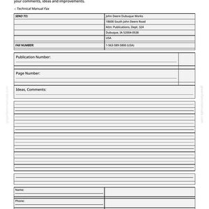Pode incluir: Um formul&aacute;rio branco intitulado "Formul&aacute;rio de Feedback de Informa&ccedil;&otilde;es T&eacute;cnicas" com campos de texto para coment&aacute;rios, informa&ccedil;&otilde;es de contato e detalhes da publica&ccedil;&atilde;o. O formul&aacute;rio inclui o endere&ccedil;o da John Deere Dubuque Works e um n&uacute;mero de fax.
