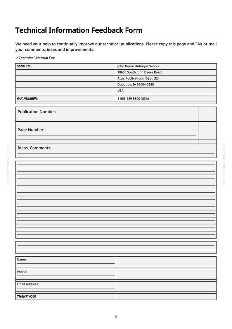 Pode incluir: Um formul&aacute;rio branco intitulado "Formul&aacute;rio de Feedback de Informa&ccedil;&otilde;es T&eacute;cnicas" com campos de texto para coment&aacute;rios, informa&ccedil;&otilde;es de contato e detalhes da publica&ccedil;&atilde;o. O formul&aacute;rio inclui o endere&ccedil;o da John Deere Dubuque Works e um n&uacute;mero de fax.