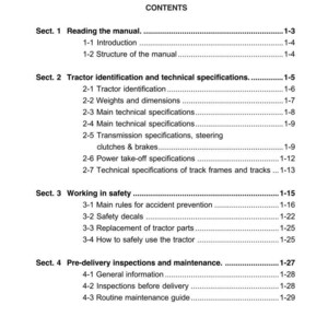 Puede incluir: P&aacute;gina de un manual de tractor con el t&iacute;tulo "INTRODUCCI&Oacute;N" y un &iacute;ndice. Las secciones incluyen la lectura del manual, la identificaci&oacute;n del tractor, la seguridad y las inspecciones previas a la entrega.