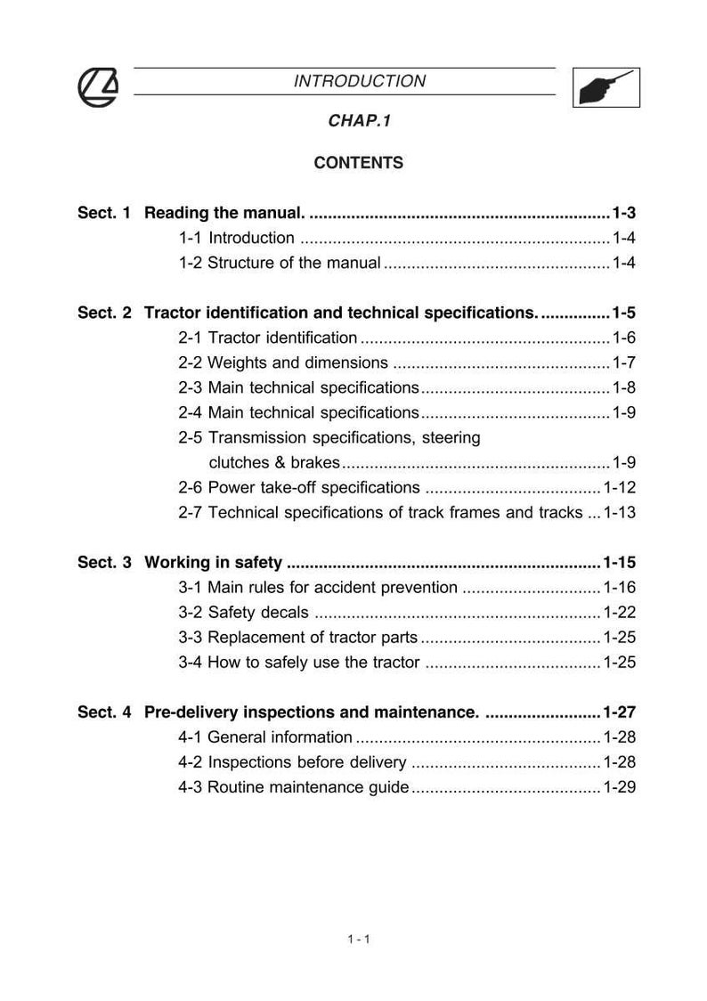 Puede incluir: P&aacute;gina de un manual de tractor con el t&iacute;tulo "INTRODUCCI&Oacute;N" y un &iacute;ndice. Las secciones incluyen la lectura del manual, la identificaci&oacute;n del tractor, la seguridad y las inspecciones previas a la entrega.