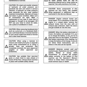 May include: A page from a manual with safety warnings. The top section is labeled "Section 1001." Warnings cover hydraulic oil, exhaust fumes, battery electrolyte, and other potential hazards. The page includes caution and danger symbols.