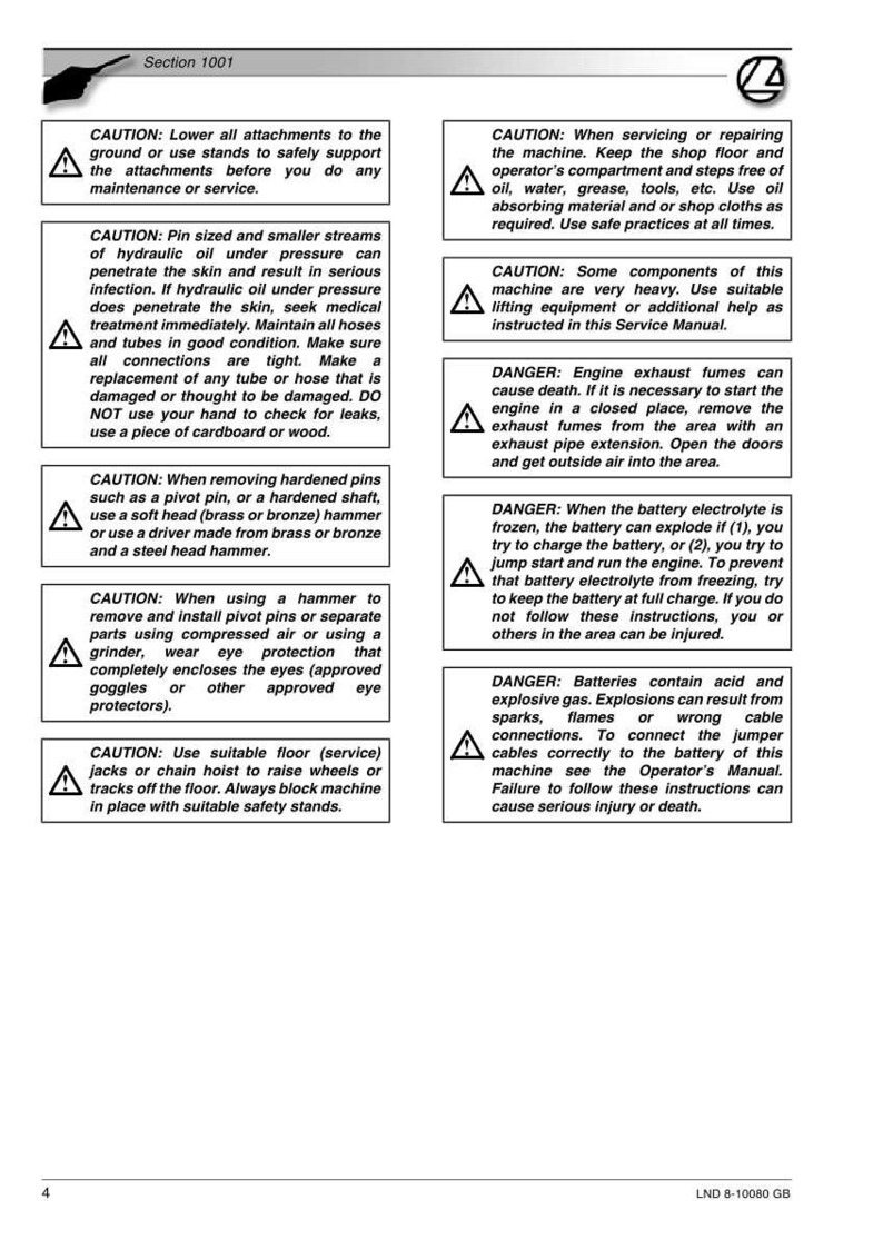 May include: A page from a manual with safety warnings. The top section is labeled "Section 1001." Warnings cover hydraulic oil, exhaust fumes, battery electrolyte, and other potential hazards. The page includes caution and danger symbols.
