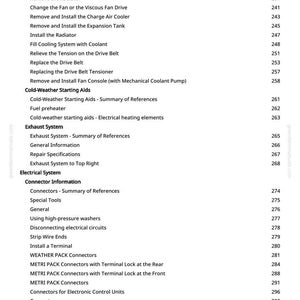 May include: A page from a manual with a table of contents. The text includes sections on general information, cooling systems, exhaust systems, and electrical systems. Page numbers are listed on the right.