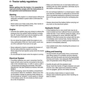 Puede incluir: Una p&aacute;gina de un manual titulada "Trabajando en seguridad" con normas de seguridad para tractores. El texto incluye instrucciones sobre el arranque, el mantenimiento del motor, los sistemas el&eacute;ctricos y los circuitos hidr&aacute;ulicos. Tambi&eacute;n cubre los procedimientos de elevaci&oacute;n y descenso.