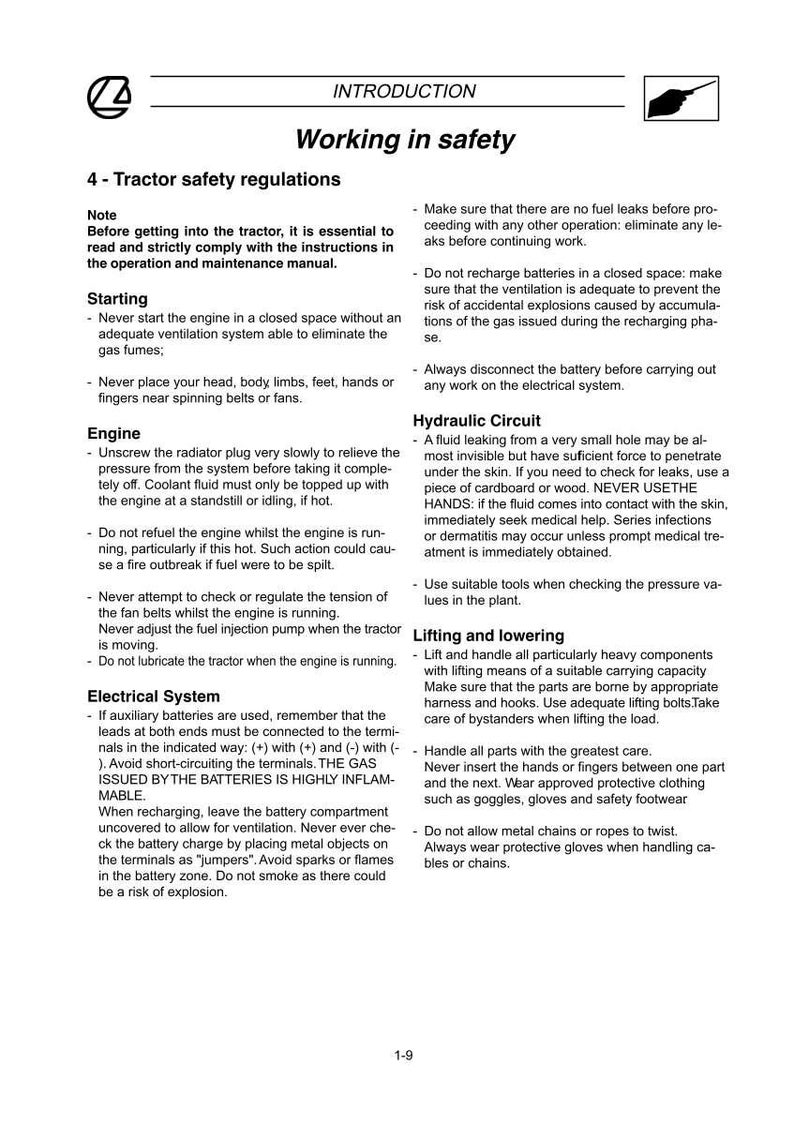Puede incluir: Una p&aacute;gina de un manual titulada "Trabajando en seguridad" con normas de seguridad para tractores. El texto incluye instrucciones sobre el arranque, el mantenimiento del motor, los sistemas el&eacute;ctricos y los circuitos hidr&aacute;ulicos. Tambi&eacute;n cubre los procedimientos de elevaci&oacute;n y descenso.