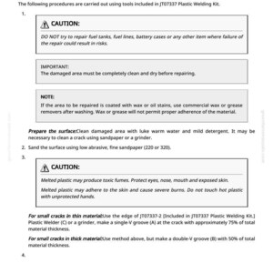 May include: A page from a manual detailing plastic welding procedures. It includes safety warnings, instructions for preparing surfaces, and diagrams for creating single and double V-grooves for different material thicknesses.