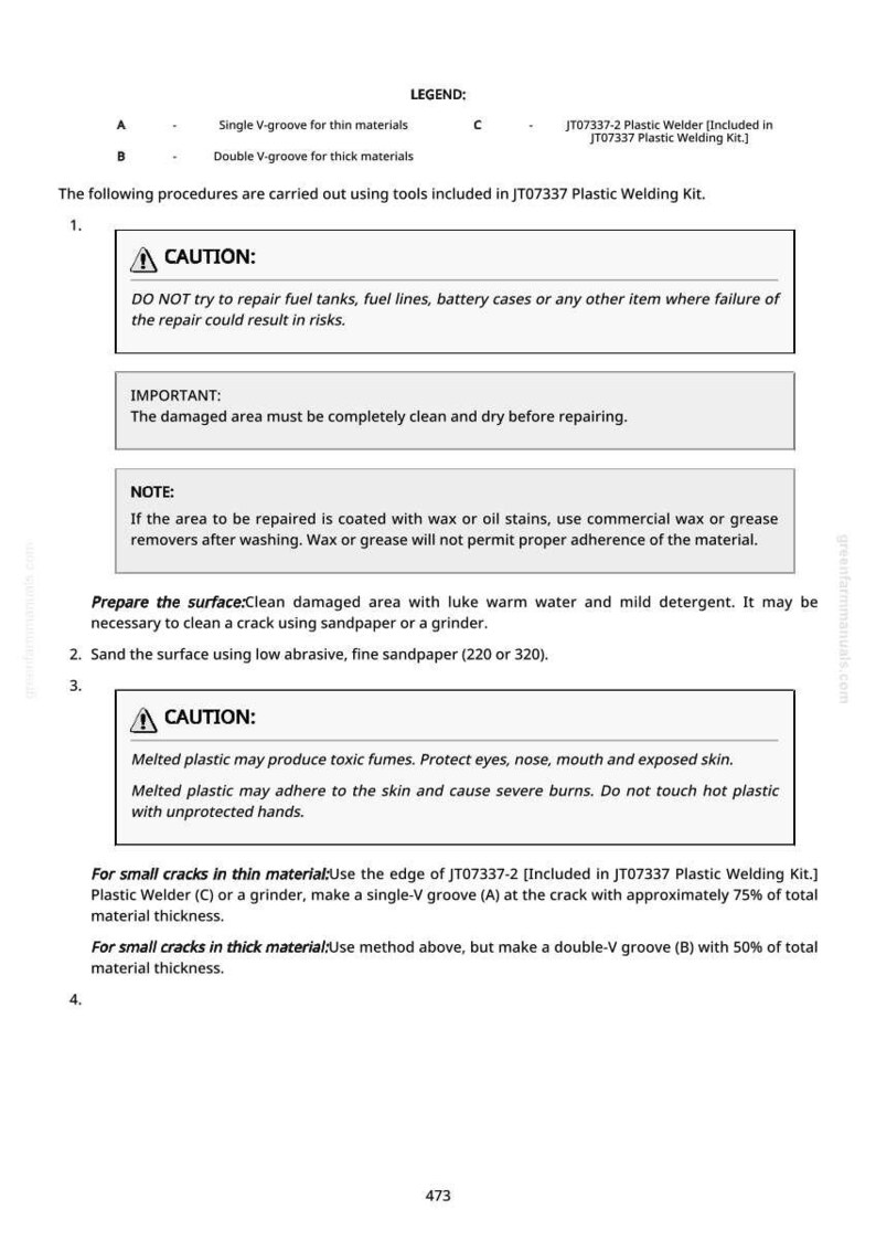 May include: A page from a manual detailing plastic welding procedures. It includes safety warnings, instructions for preparing surfaces, and diagrams for creating single and double V-grooves for different material thicknesses.