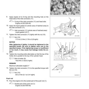 May include: A page from a manual detailing the removal and installation of an injector assembly. The page includes diagrams, instructions, and torque specifications for various components, including bolts, nuts, and gaskets.