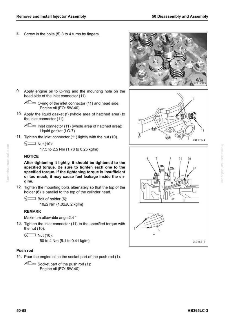 May include: A page from a manual detailing the removal and installation of an injector assembly. The page includes diagrams, instructions, and torque specifications for various components, including bolts, nuts, and gaskets.