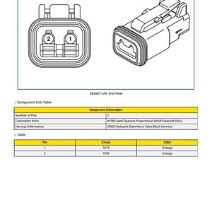 Puede incluir: Diagrama t&eacute;cnico de un gr&aacute;fico de m&aacute;quina y vista final de un conector. El gr&aacute;fico muestra un conector de dos pines con los n&uacute;meros 1 y 2. La vista final muestra la carcasa del conector. Las tablas proporcionan informaci&oacute;n de componentes y pines.