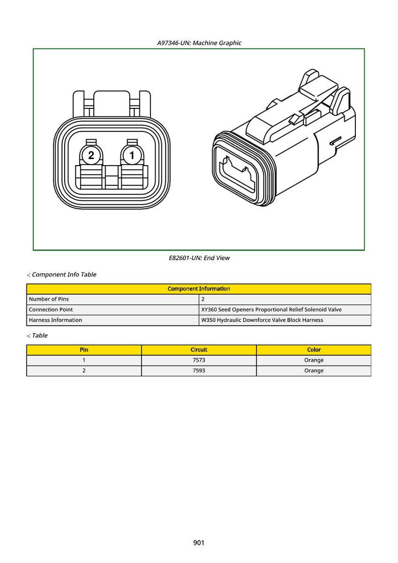 Puede incluir: Diagrama t&eacute;cnico de un gr&aacute;fico de m&aacute;quina y vista final de un conector. El gr&aacute;fico muestra un conector de dos pines con los n&uacute;meros 1 y 2. La vista final muestra la carcasa del conector. Las tablas proporcionan informaci&oacute;n de componentes y pines.