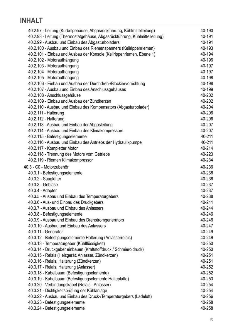 May include: A detailed table of contents in German, titled "INHALT," with a list of automotive repair procedures and corresponding page numbers. The text is in black font on a white background.