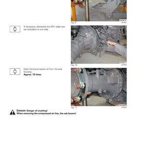 May include: Technical manual page with diagrams and instructions for repairing a Fendt tractor's transmission and axle drive. Includes steps for removing supports, dismantling sensors, and draining oil. Warning about crushing hazard.