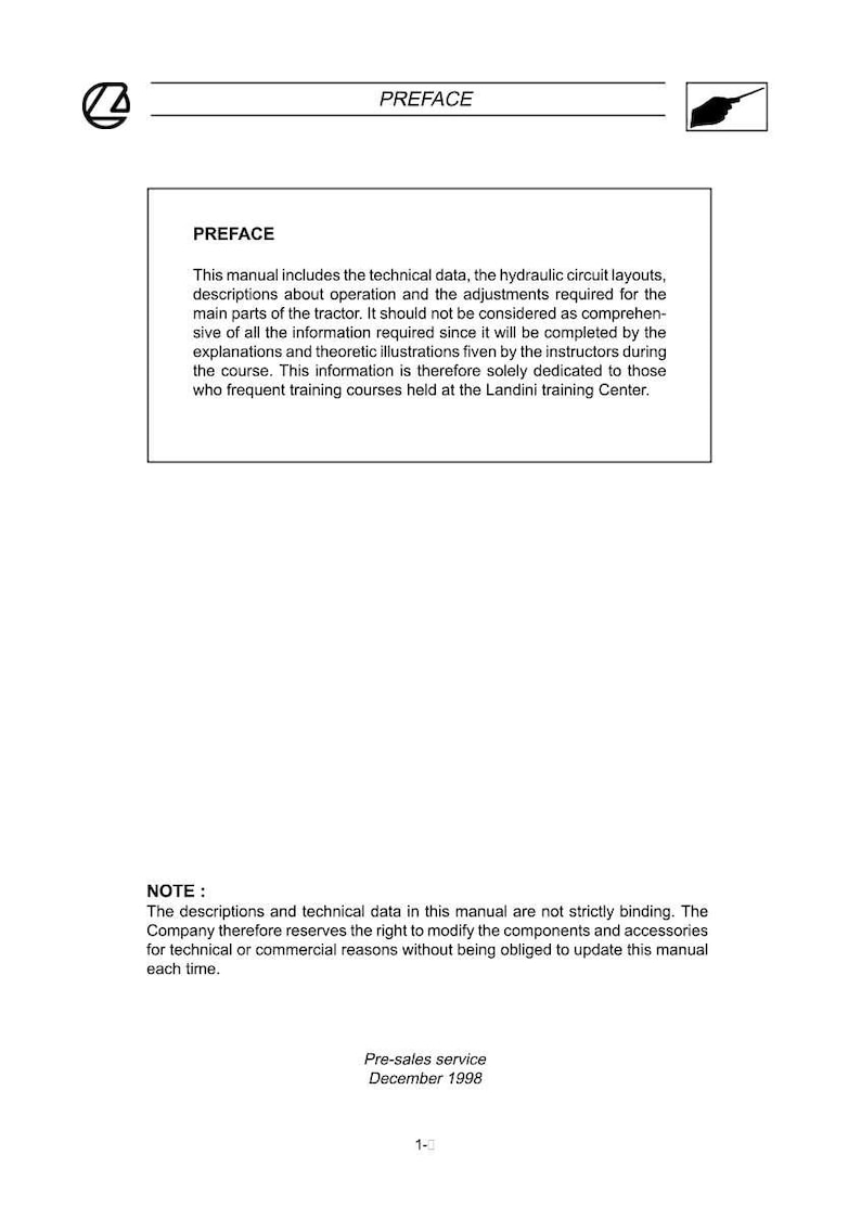 Puede incluir: Un documento blanco titulado &laquo;PREFACIO&raquo; con texto que describe datos t&eacute;cnicos y ajustes para un tractor. El documento incluye una nota sobre modificaciones y una fecha de &laquo;Pre-sales service&raquo; de diciembre de 1998.