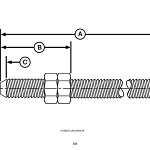 K&ouml;nnte beinhalten: Technische Zeichnung einer Gewindestange mit Muttern, beschriftet mit den Ma&szlig;en A, B und C. Die Stange wird in einer detaillierten Schwarz-Wei&szlig;-Illustration mit klaren Linien und Ma&szlig;en dargestellt. Das Bild enth&auml;lt den Text "H105871-UN: DFHX79" und die Nummer "388".