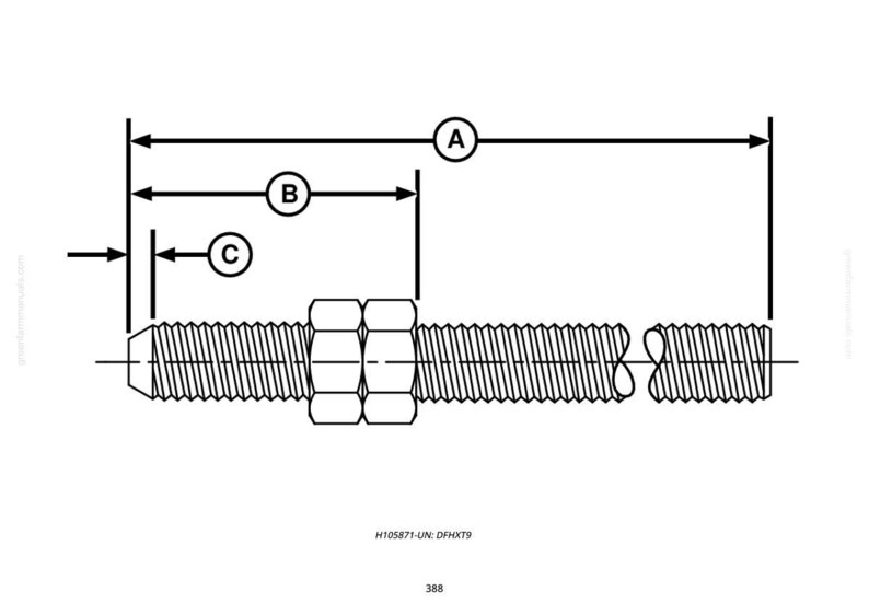 K&ouml;nnte beinhalten: Technische Zeichnung einer Gewindestange mit Muttern, beschriftet mit den Ma&szlig;en A, B und C. Die Stange wird in einer detaillierten Schwarz-Wei&szlig;-Illustration mit klaren Linien und Ma&szlig;en dargestellt. Das Bild enth&auml;lt den Text "H105871-UN: DFHX79" und die Nummer "388".