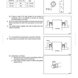 Op de afbeelding: Technische tekening met demontage- en montage-instructies voor een mechanisch onderdeel. Bevat afmetingen in mm, details van boutgaten en illustraties van oliekeerringinstallatie en krukasassemblage.