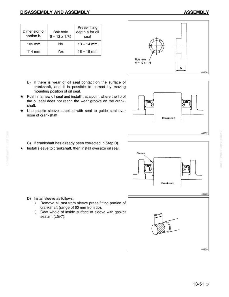 Op de afbeelding: Technische tekening met demontage- en montage-instructies voor een mechanisch onderdeel. Bevat afmetingen in mm, details van boutgaten en illustraties van oliekeerringinstallatie en krukasassemblage.
