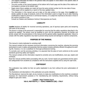 Puede incluir: P&aacute;gina de un manual de tractor Landini, con el t&iacute;tulo "INTRODUCCI&Oacute;N" y secciones sobre responsabilidad, prop&oacute;sito y derechos de autor. El texto es negro sobre fondo blanco, con la direcci&oacute;n de Landini en la parte inferior.