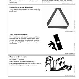 May include: A safety manual page with safety instructions. The page includes illustrations of a road sign, a person, and a first aid kit with a fire extinguisher. Text includes "Maintain a Safety Area Around the Machine" and "Prepare for Emergencies."