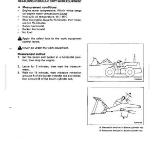 Pu&ograve; includere: Pagina di un manuale con istruzioni per la misurazione delle attrezzature di lavoro a deriva idraulica. Include diagrammi di un veicolo da costruzione e istruzioni di misurazione.