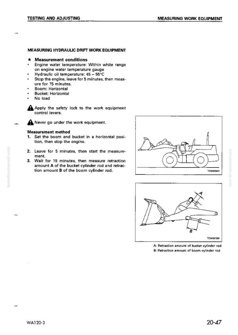Pu&ograve; includere: Pagina di un manuale con istruzioni per la misurazione delle attrezzature di lavoro a deriva idraulica. Include diagrammi di un veicolo da costruzione e istruzioni di misurazione.