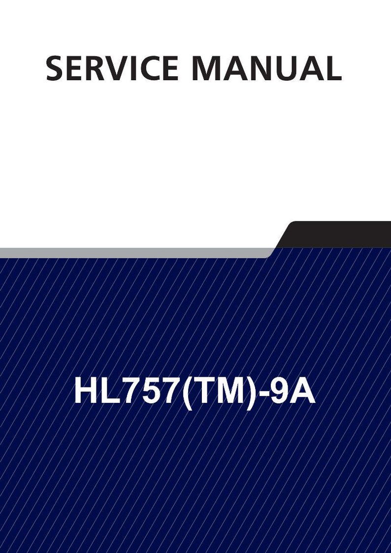 May include: A service manual with the title "SERVICE MANUAL" in bold white text. The bottom of the manual has the text "HL757(TM)-9A" in white. The background is a dark blue with white diagonal lines.