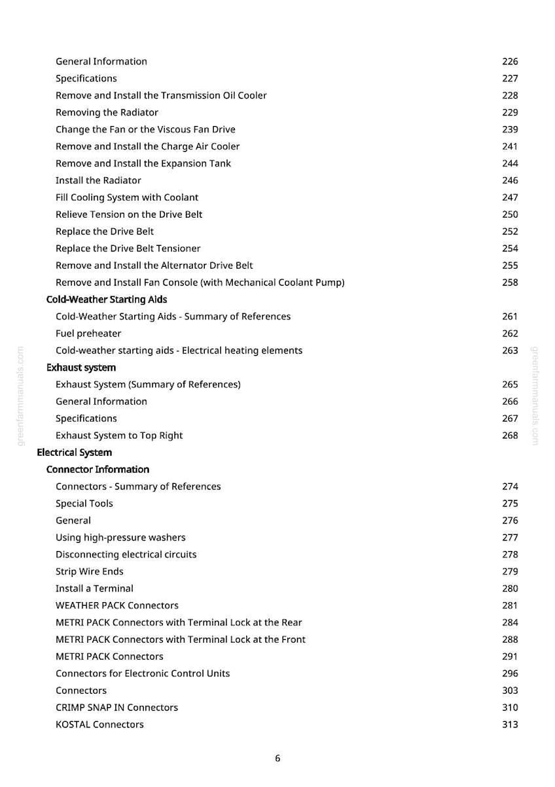 May include: A page from a greenfarmmanuals.com manual, detailing automotive repair procedures. Sections cover cooling systems, exhaust systems, and electrical components. The text is black on a white background.