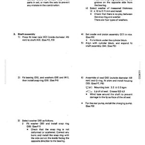 May include: A page from a manual with text and diagrams detailing mechanical assembly steps. Instructions include aligning parts, fitting bearings, and installing components. Measurements are in millimeters.