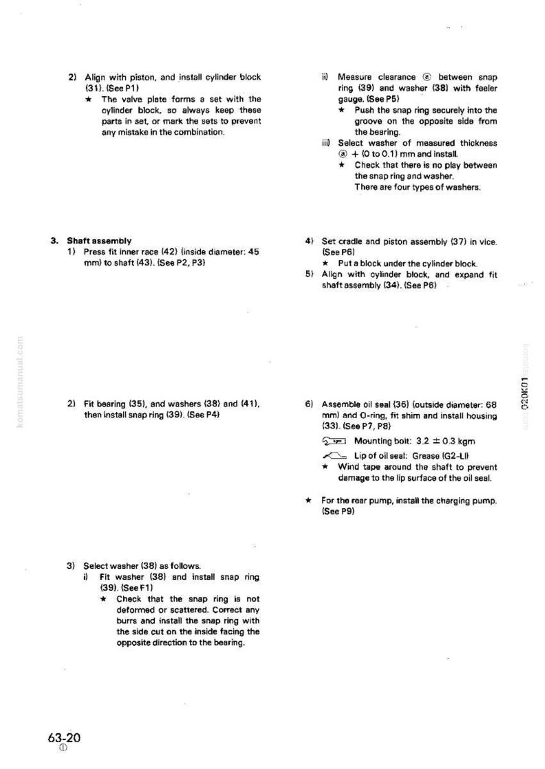 May include: A page from a manual with text and diagrams detailing mechanical assembly steps. Instructions include aligning parts, fitting bearings, and installing components. Measurements are in millimeters.