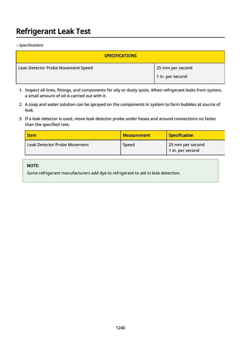 Pu&ograve; includere: Un documento intitolato "Test di perdita del refrigerante" con specifiche per la rilevazione delle perdite. Il testo include le istruzioni per l'ispezione e la velocit&agrave; di movimento accettabile della sonda del rilevatore di perdite: 25 mm al secondo o 1 pollice al secondo.