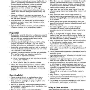 May include: A safety manual page with the title "Safety" at the top. The page contains safety instructions for operating machinery, including preparation, operating safely, and using a spark arrestor. The text is in black font.