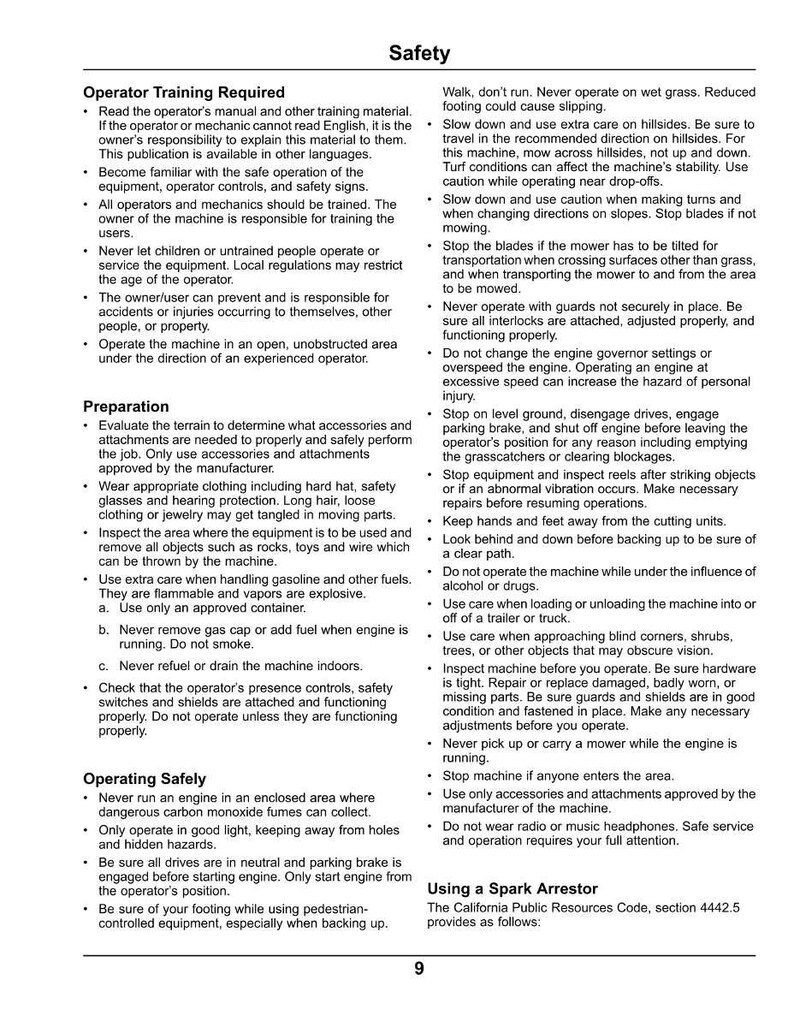 May include: A safety manual page with the title "Safety" at the top. The page contains safety instructions for operating machinery, including preparation, operating safely, and using a spark arrestor. The text is in black font.