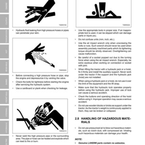 Pode incluir: P&aacute;gina de um manual com dicas de seguran&ccedil;a para m&aacute;quinas. Diagramas ilustram precau&ccedil;&otilde;es para mangueiras de alta press&atilde;o e o uso de ferramentas apropriadas. O texto inclui avisos sobre fluidos hidr&aacute;ulicos e o manuseio de materiais perigosos.