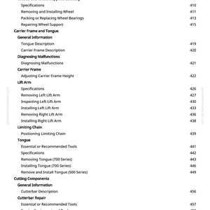 May include: A page from a manual with a table of contents. The text includes headings like "Wheels and Wheel Support Assembly," "Carrier Frame and Tongue," and "Lift Arm." Page numbers are listed on the right.