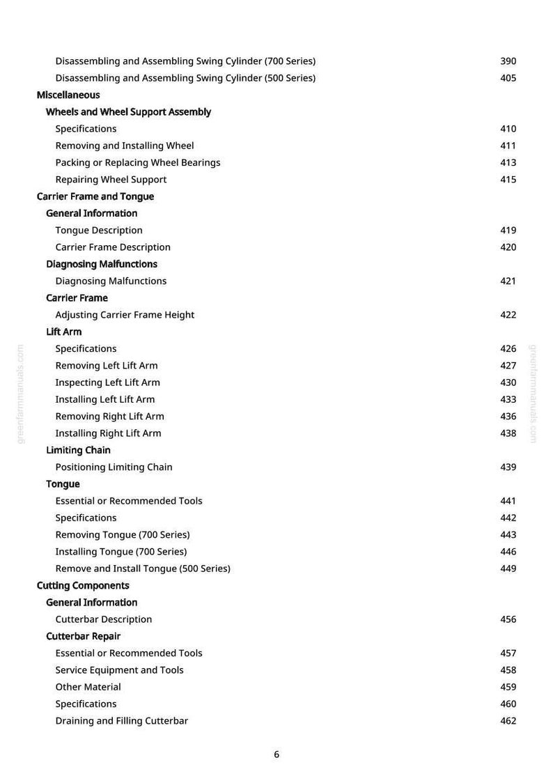 May include: A page from a manual with a table of contents. The text includes headings like "Wheels and Wheel Support Assembly," "Carrier Frame and Tongue," and "Lift Arm." Page numbers are listed on the right.
