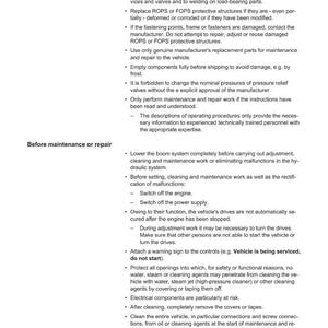 K&ouml;nnte beinhalten: Eine Seite aus einem Sicherheitsmanual mit dem Weidemann-Logo, das Sicherheits- und Unfallverh&uuml;tungsvorschriften detailliert. Der Text behandelt allgemeine Sicherheit, Wartungs- und Reparaturverfahren mit Warnhinweisen. Das Dokument ist auf Englisch.