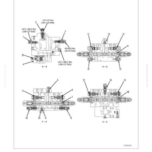 May include: Technical diagram of a control valve, sectional view, with measurements in Nm and ft/lb. The diagram is labeled with various sections including E-E, G-G, F-F, and H-H. The text at the bottom reads PC300LC-7E0, PC300HD-7E0.