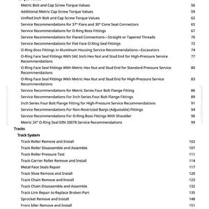 Puede incluir: Un &iacute;ndice detallado de un manual, que enumera temas como valores de par, recomendaciones de servicio y procedimientos del sistema de orugas. El texto es negro sobre un fondo blanco, con n&uacute;meros de p&aacute;gina a la derecha.